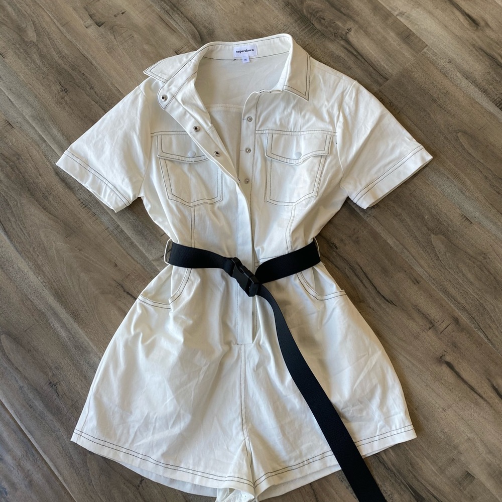 Superdown white jean jumpsuit